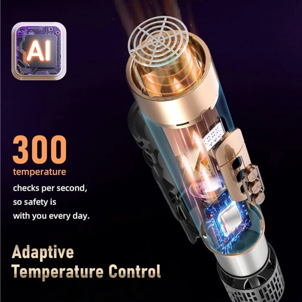 NEW! 6 in 1 Hot Air Brush & Hair Dryer with Auto Wrap Curlers Black Gold